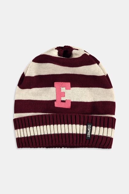 Striped knit beanie hat with embroidered letter, BORDEAUX RED, overview