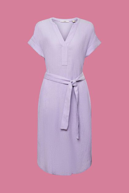 Belted Crinkled Cotton Midi Dress