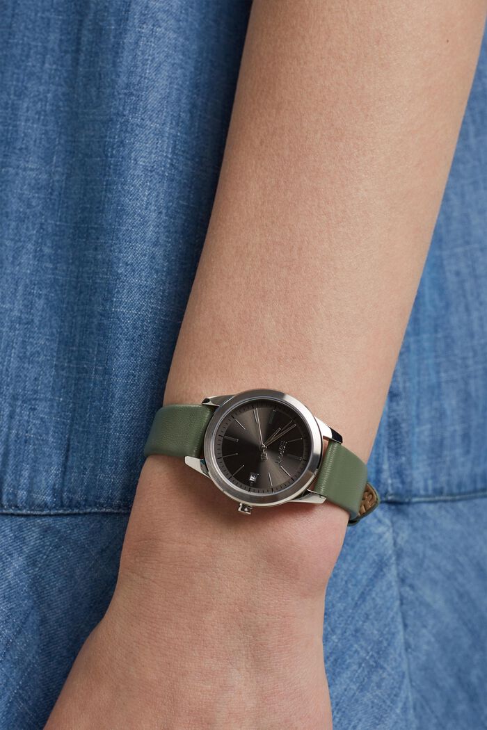 Stainless-steel watch with a leather strap, GREEN, detail image number 2