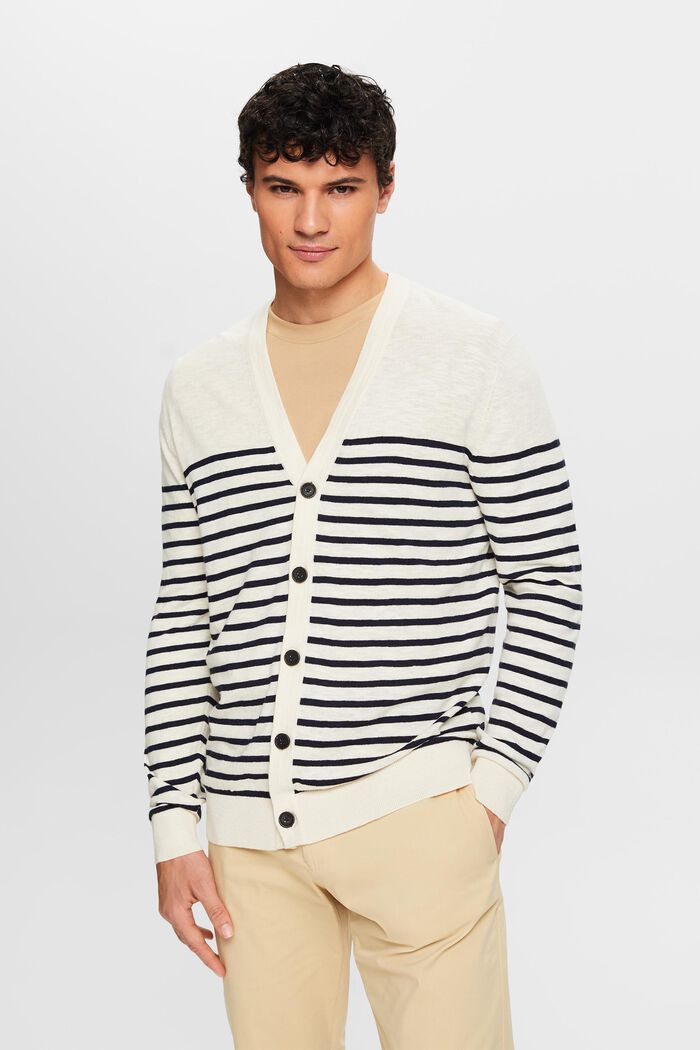 Cotton Linen Breton Stripe Cardigan, CREAM BEIGE, detail image number 0