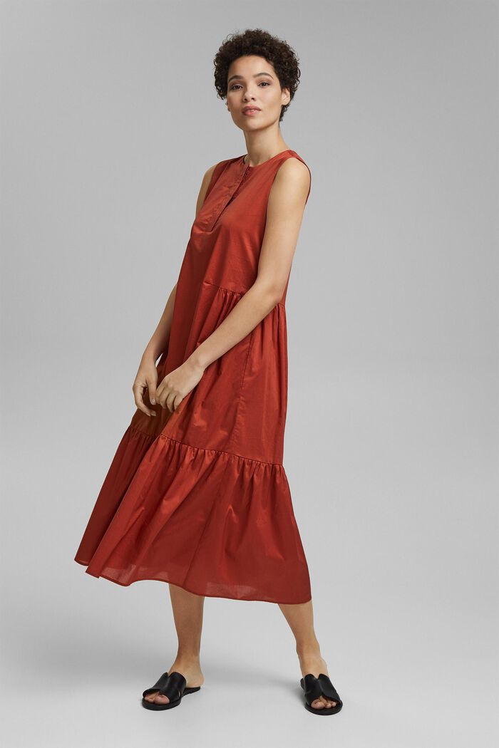 Sleeveless flounce midi dress made of cotton, TERRACOTTA, detail image number 0
