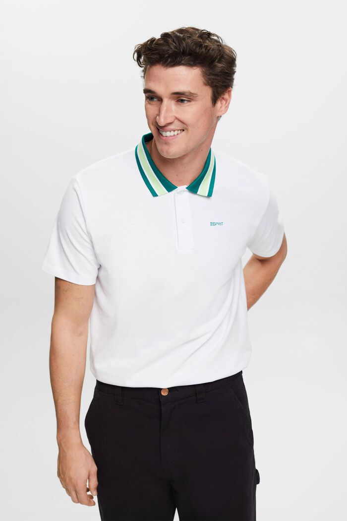 Cotton pique polo shirt with striped collar, NEW WHITE, detail image number 0