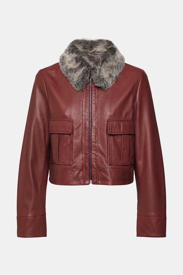 Leather jacket with fake fur collar, RUST BROWN, detail image number 2