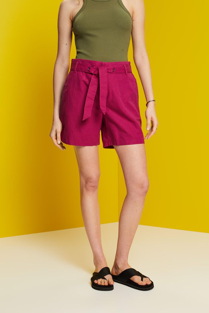 Shorts with a tie belt, cotton-linen blend, DARK PINK, detail image number 0
