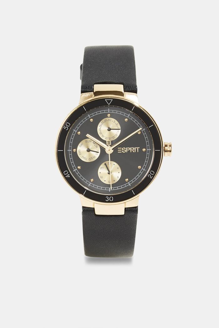 Multi-functional watch with a leather strap, BLACK, detail image number 0