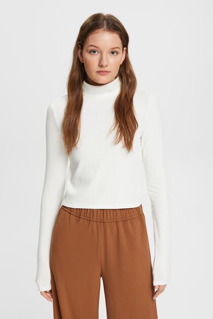 Cropped, roll neck long-sleeved top, OFF WHITE, overview