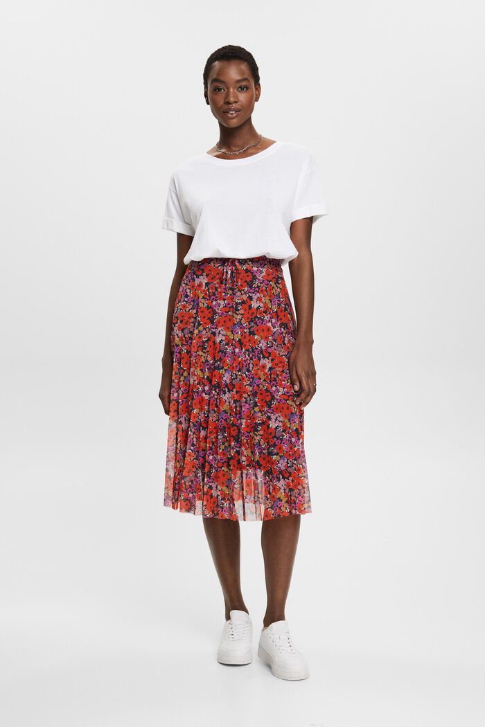Pleated mesh midi skirt with floral pattern, RED, detail image number 4