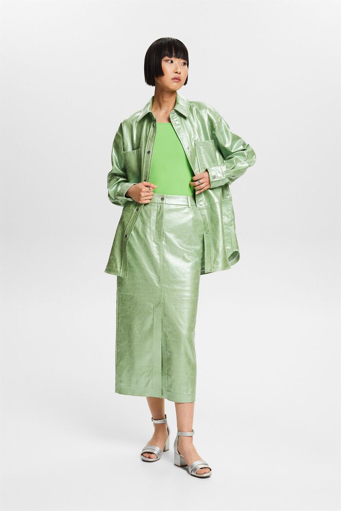 Coated Metallic Midi Skirt, LIGHT AQUA GREEN, detail image number 1