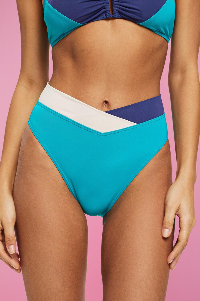 Mid-waist bikini bottoms in colour block design, TEAL GREEN, detail image number 1