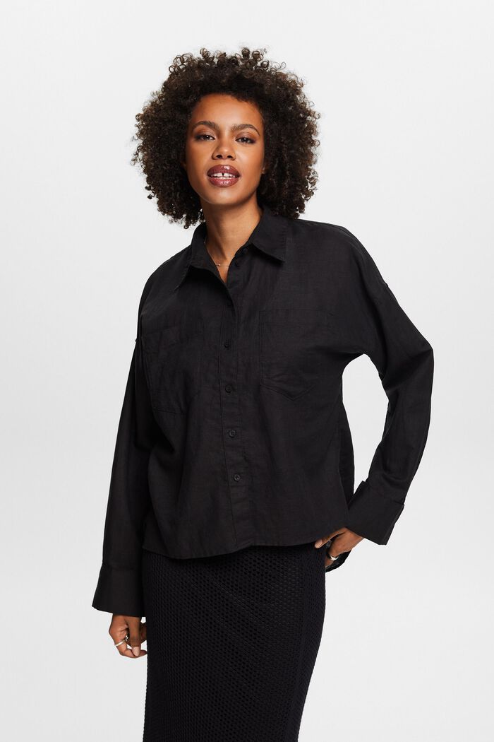 Cotton-Linen Shirt Blouse, BLACK, detail image number 0