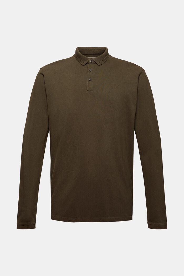 Piqué long sleeve polo shirt, organic cotton, DARK KHAKI, overview