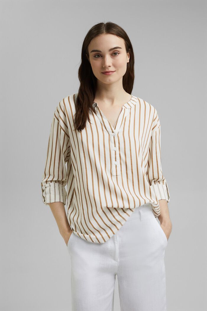 Striped Henley blouse, LIGHT KHAKI, detail image number 0
