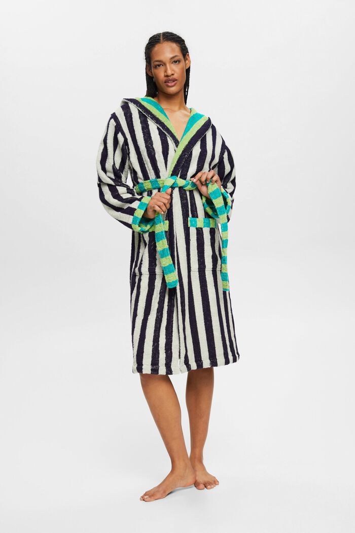 Striped unisex cotton bathrobe, DEEP WATER, detail image number 1