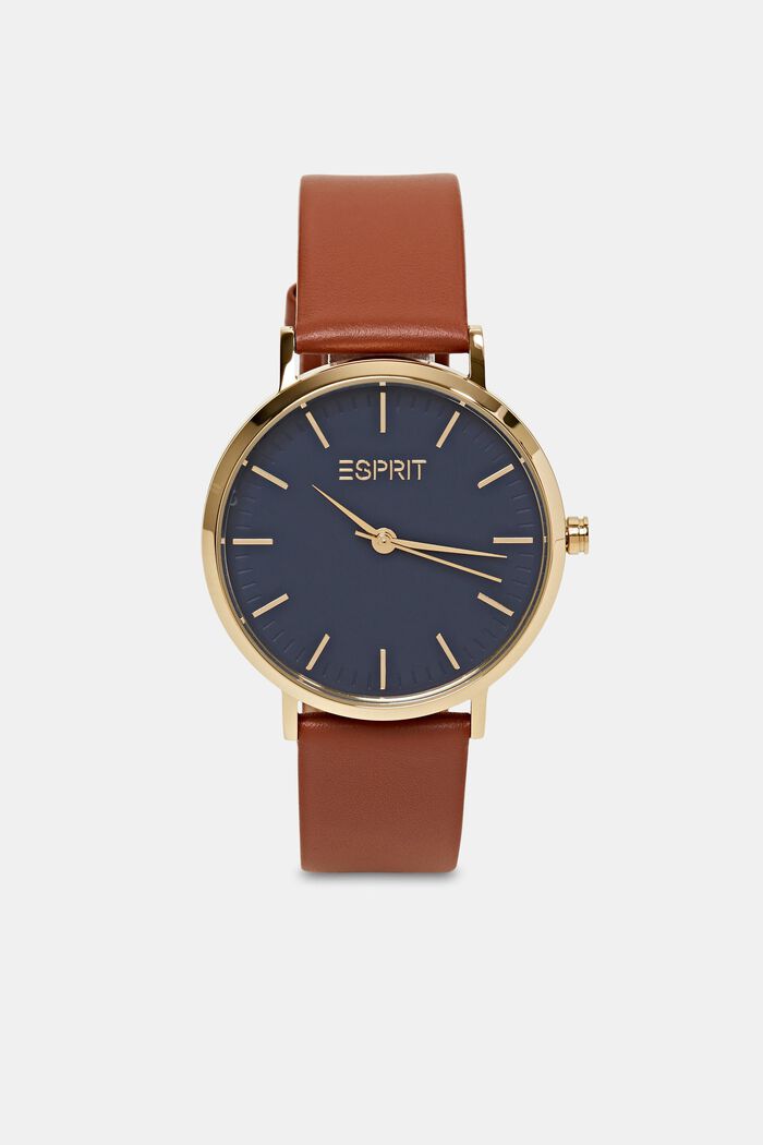 Gold-Tone Stainless Steel Leather Watch, GOLD, detail image number 0