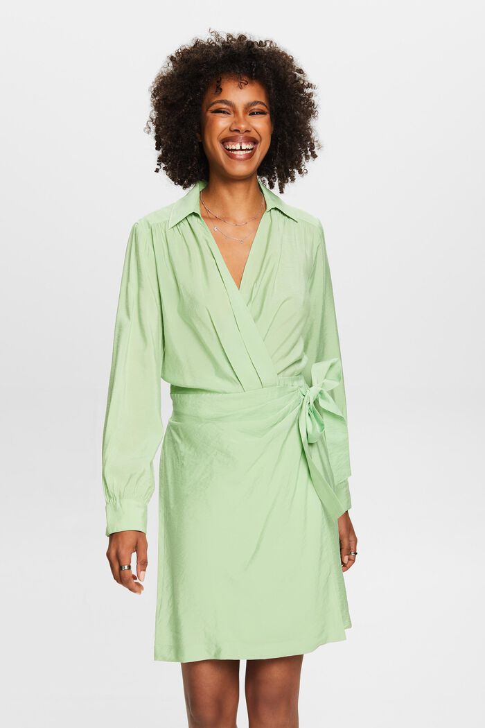Crinkled Wrap Mini Dress, LIGHT GREEN, detail image number 0