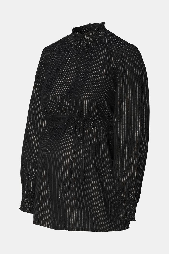 Glitter stripes blouse with stand-up collar, BLACK INK, overview