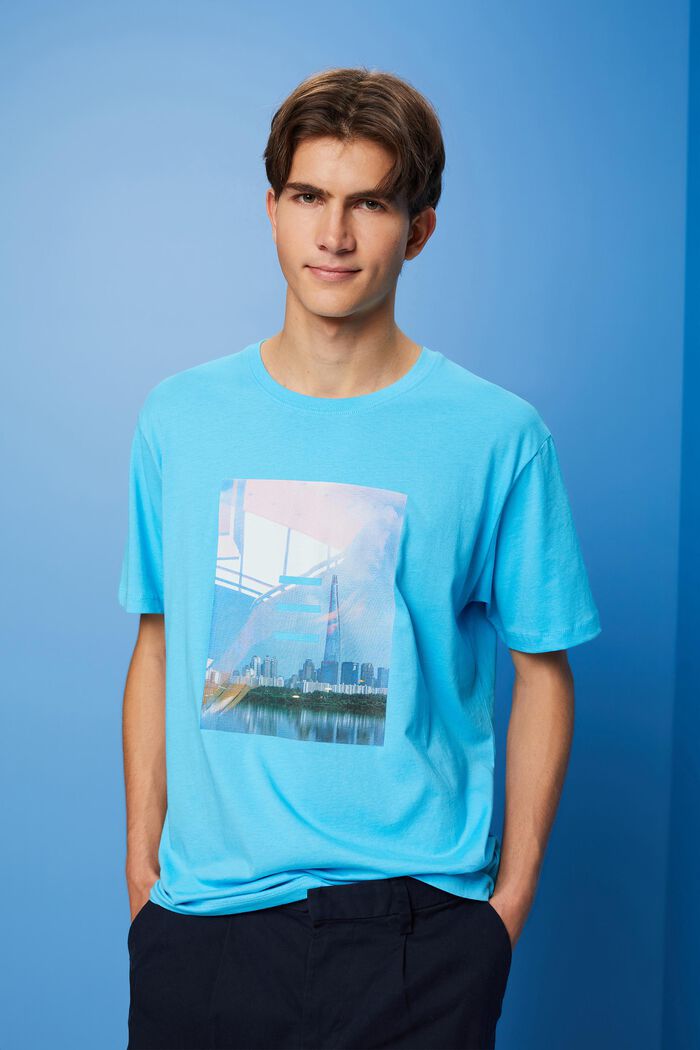 Cotton t-shirt with print, TURQUOISE, detail image number 0