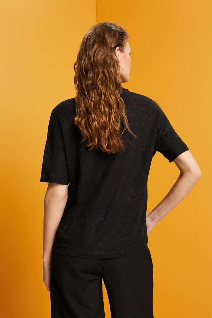 T-shirt with a polo collar, 100% linen, BLACK, detail image number 3