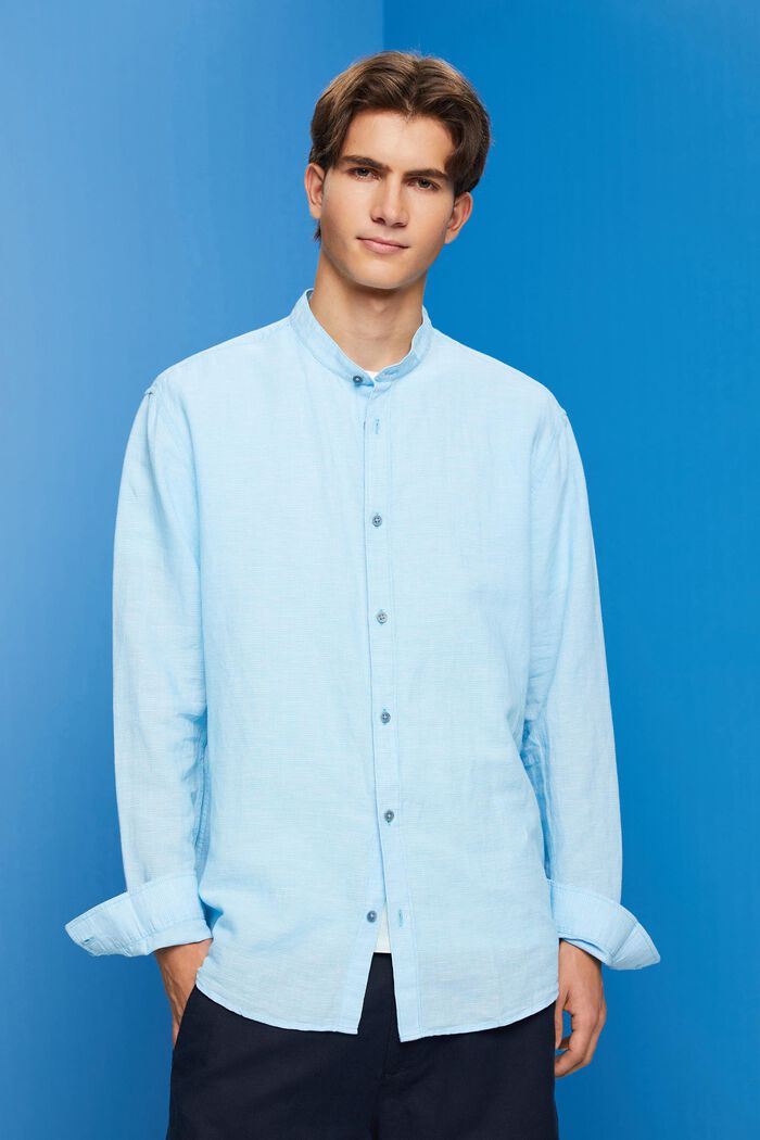 Blended linen dogstooth shirt with banded collar, TURQUOISE, detail image number 0