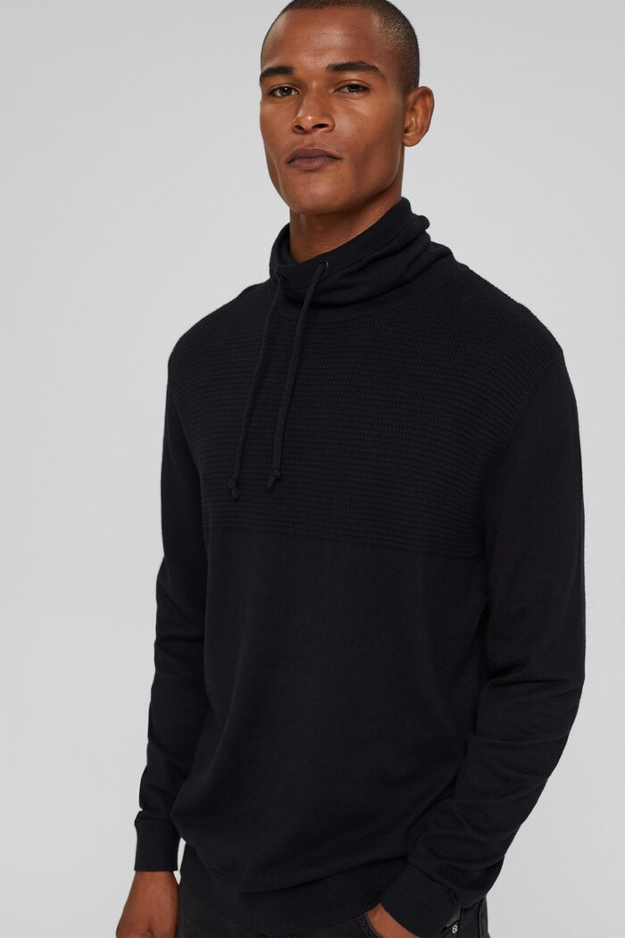 Cashmere blend: jumper with a drawstring collar, BLACK, detail image number 0