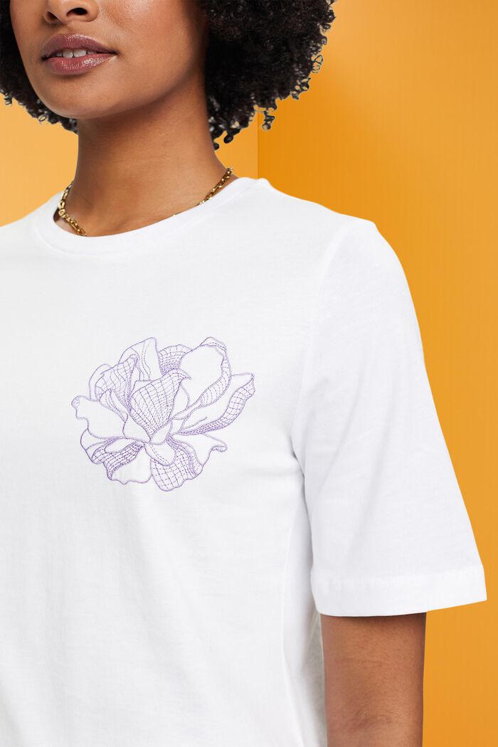Cotton t-shirt with embroidered flower, OFF WHITE, detail image number 2