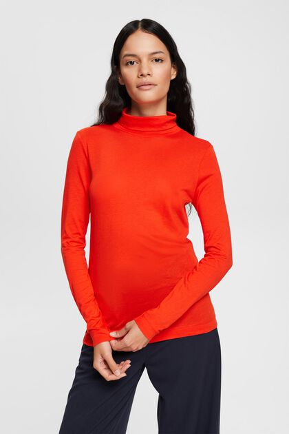 Long sleeve top with band collar, TENCEL™, RED, overview