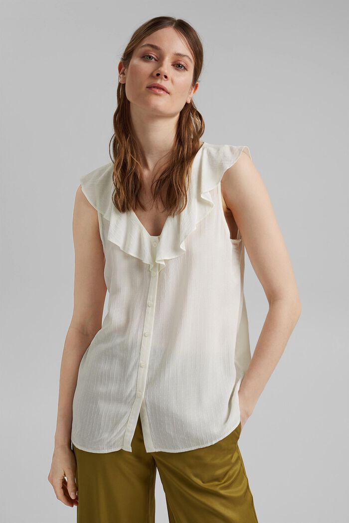 Blouse top with flounce, LENZING™ ECOVERO™, OFF WHITE, overview