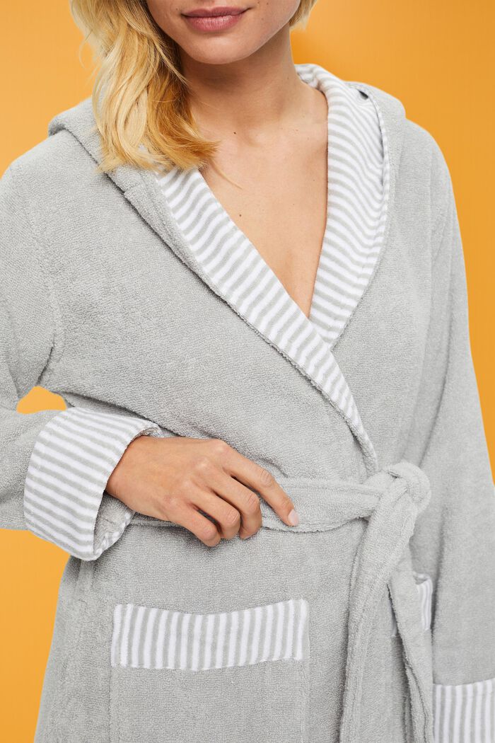 Terry cloth bathrobe with striped lining, STONE, detail image number 2