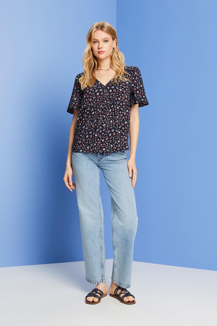 Patterned short sleeve blouse, cotton blend, DARK BLUE, detail image number 1