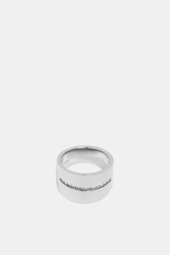 Wide stainless-steel ring with a row of zirconia stones