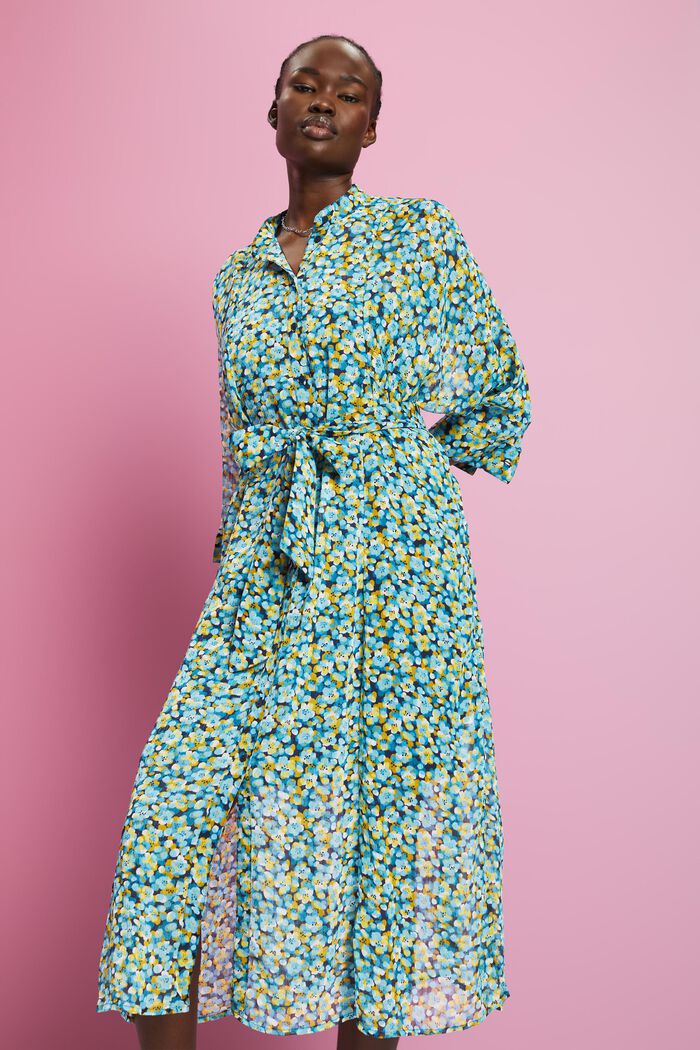 Midi dress with all-over pattern, TURQUOISE, detail image number 0
