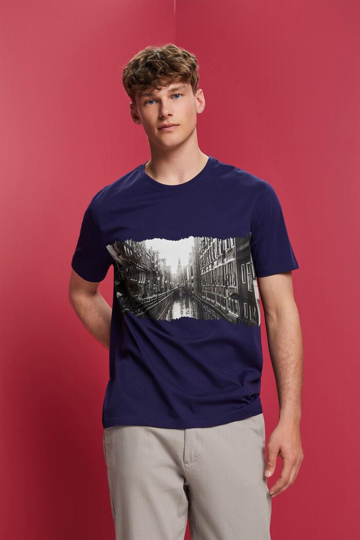 Crewneck t-shirt with print, 100% cotton, DARK BLUE, detail image number 0
