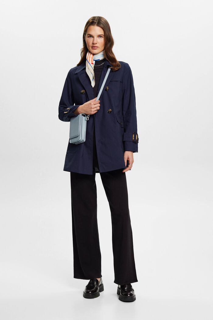 Short double-breasted trench coat, NAVY, detail image number 1