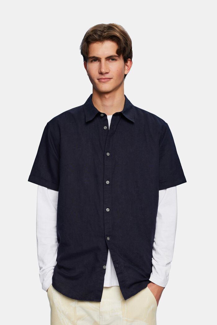 Linen and cotton blend short-sleeved shirt, NAVY, detail image number 1