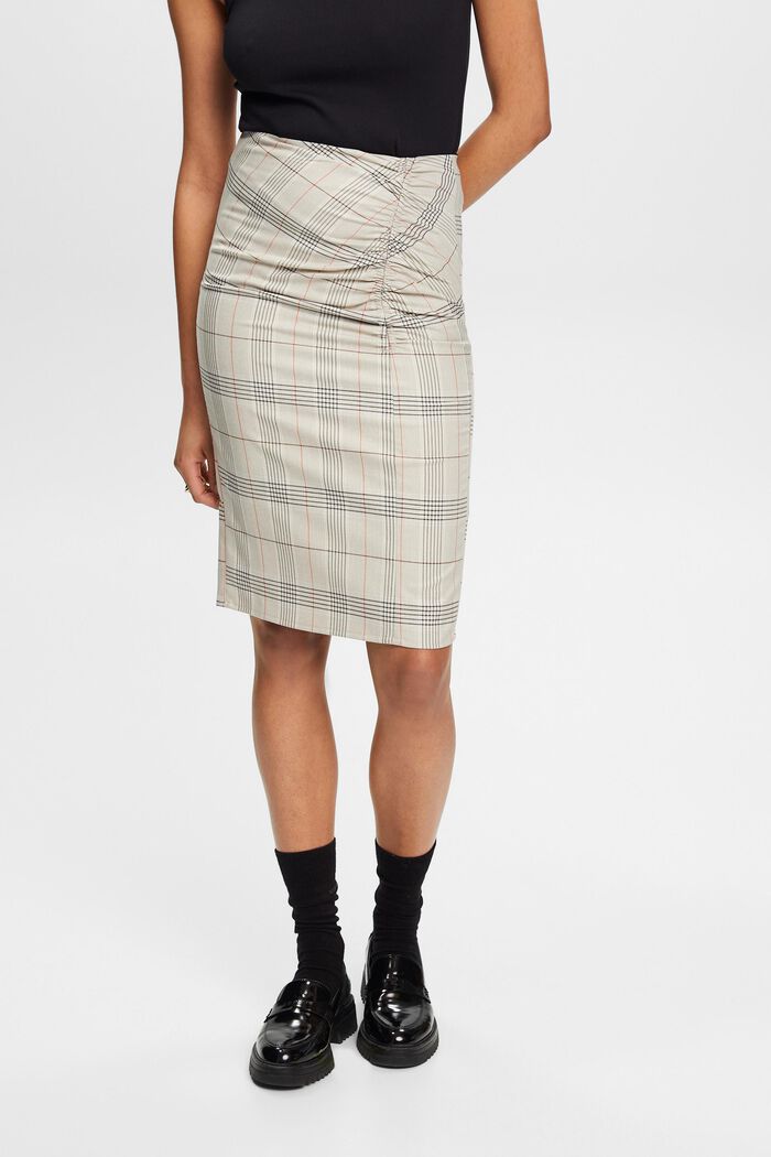 Checked pencil skirt with gathered detail, LIGHT TAUPE, detail image number 0