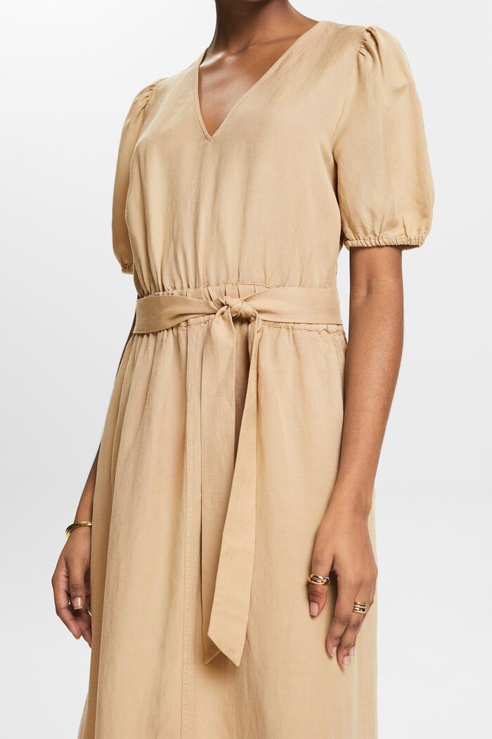 Belted Puff-Sleeve Midi Dress, BEIGE, detail image number 3