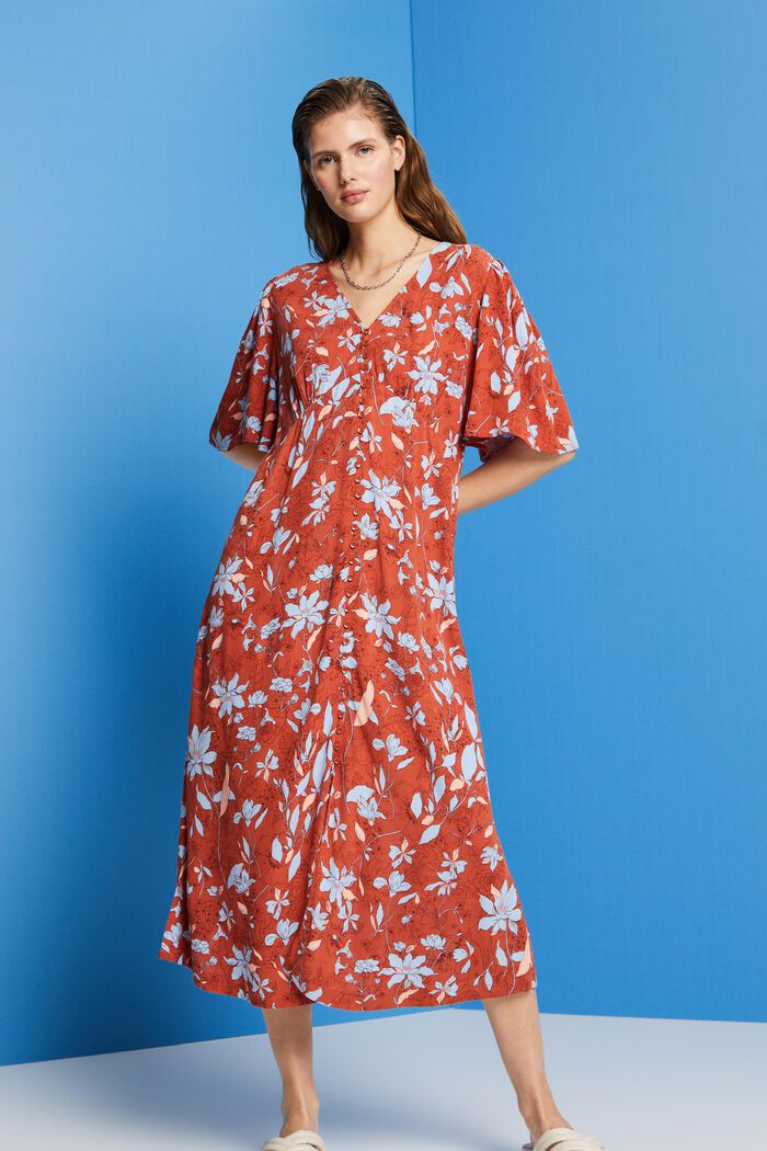 Midi dress with all-over pattern, CORAL ORANGE, detail image number 0
