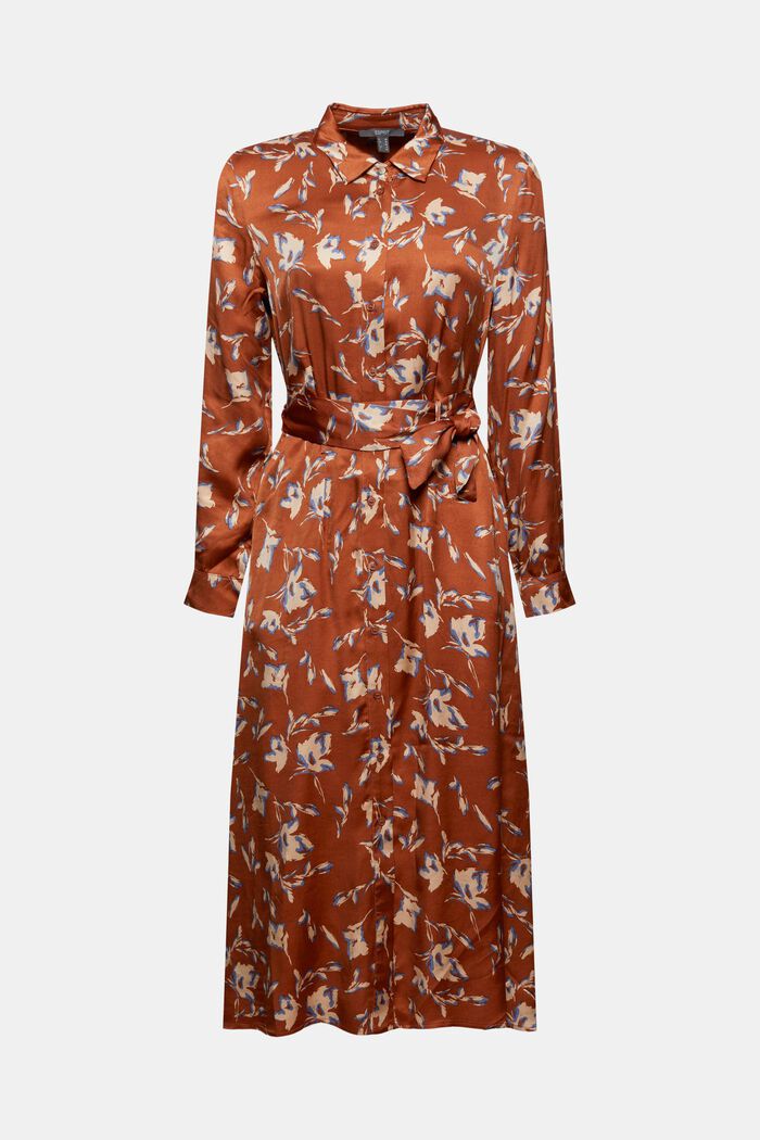 Satin shirt dress with a floral print, TERRACOTTA, overview