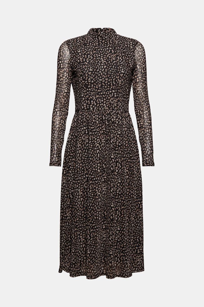 Printed midi-length mesh dress, BLACK, overview