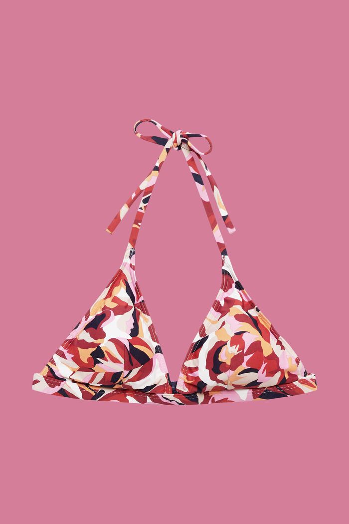 Halterneck bikini top with floral print, DARK RED, detail image number 4
