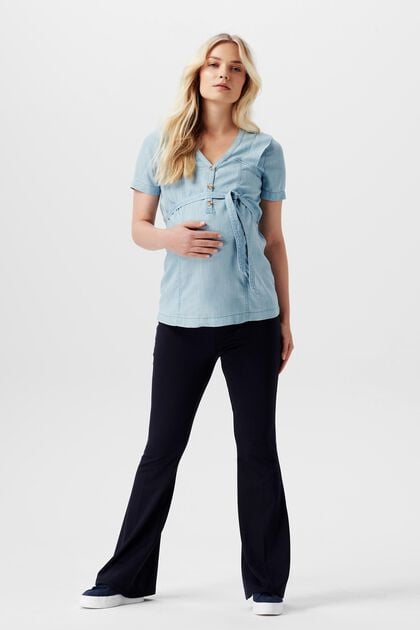 V-neck blouse with buttons, blue light washed, overview