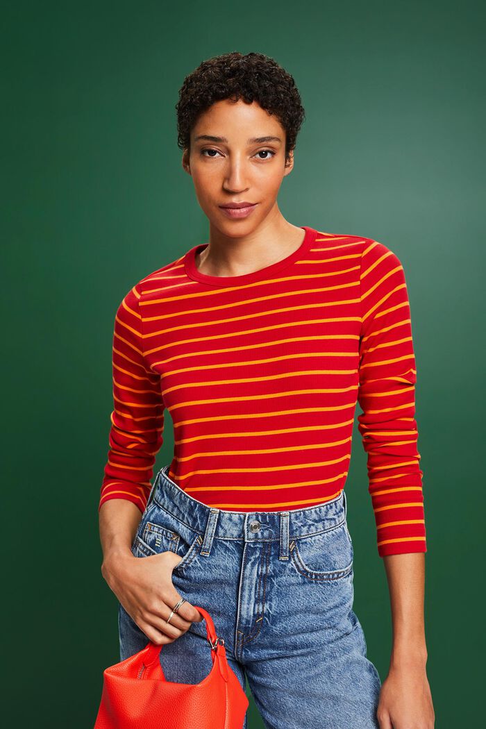Striped Rib-Knit Top, RED, detail image number 0