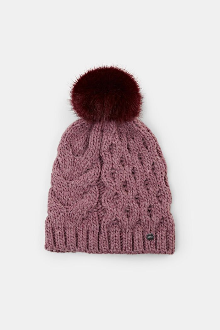 Cable knit beanie hat with faux fur pom-pom
