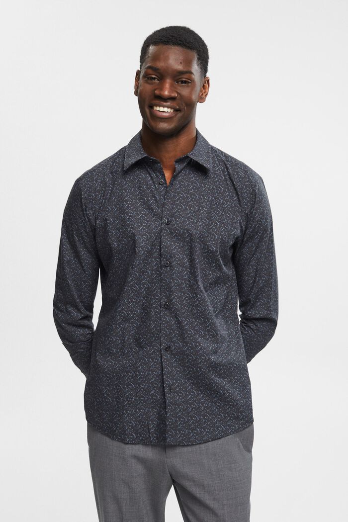 Patterned slim fit cotton shirt, BLACK, detail image number 0