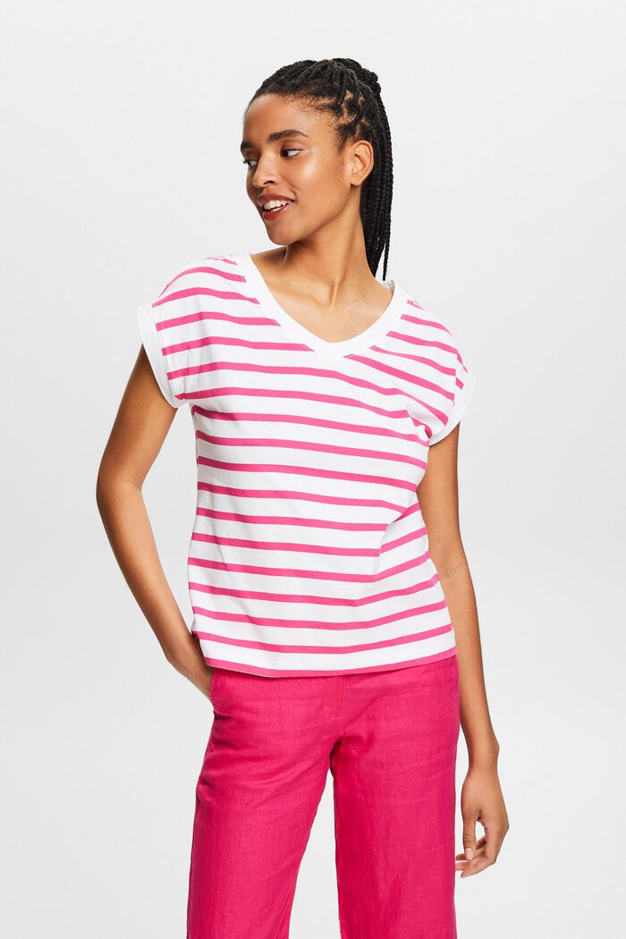 Striped V-Neck T-Shirt, PINK FUCHSIA, detail image number 0