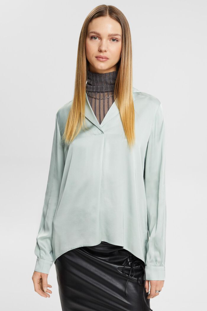 Satin blouse with lapel collar, LENZING™ ECOVERO™, LIGHT AQUA GREEN, detail image number 0