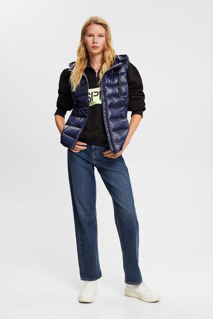 Quilted body warmer with detachable hood, NAVY, overview