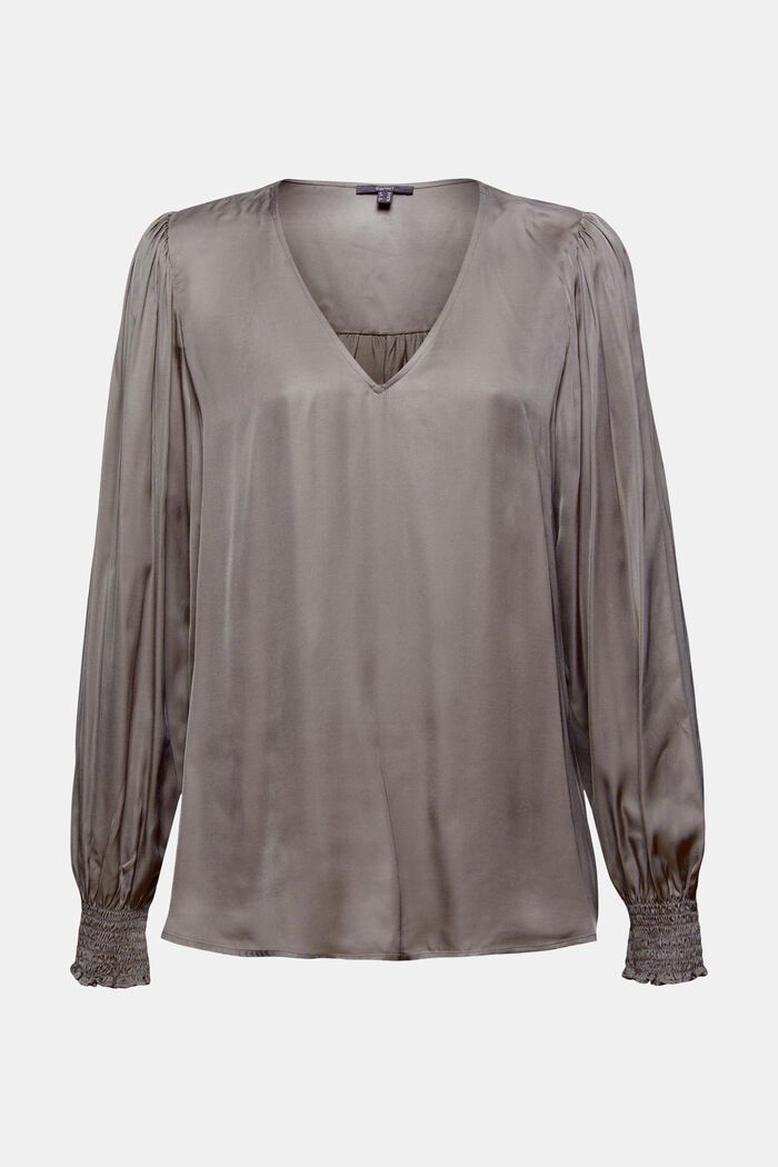 Satin blouse with balloon sleeves, GUNMETAL, overview