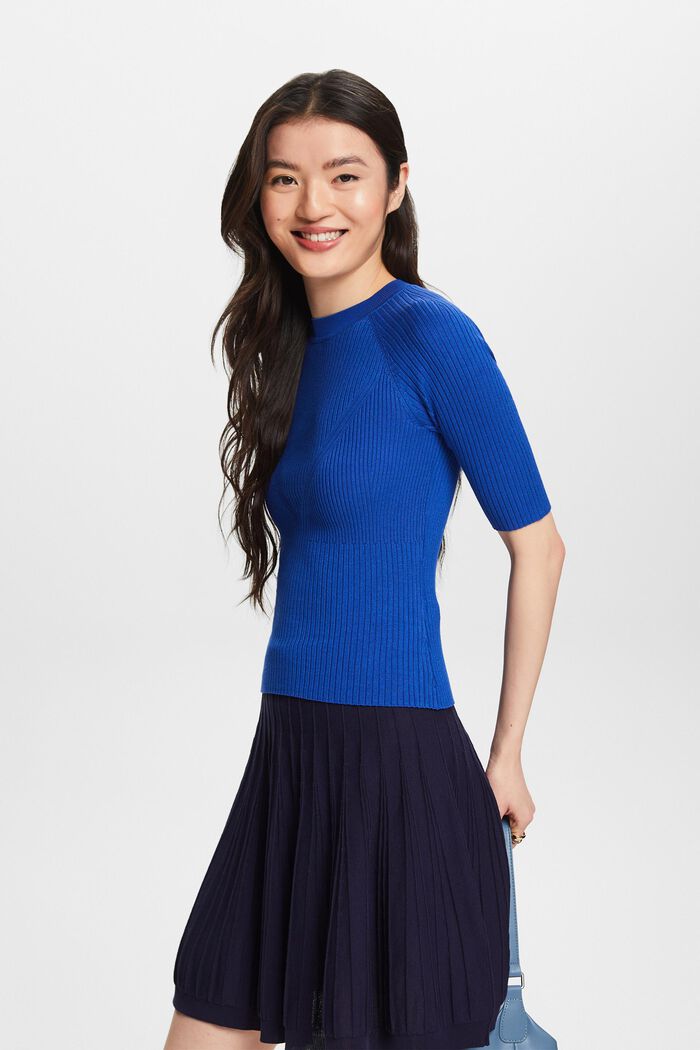 Ribbed Short-Sleeve Sweater, BRIGHT BLUE, detail image number 0