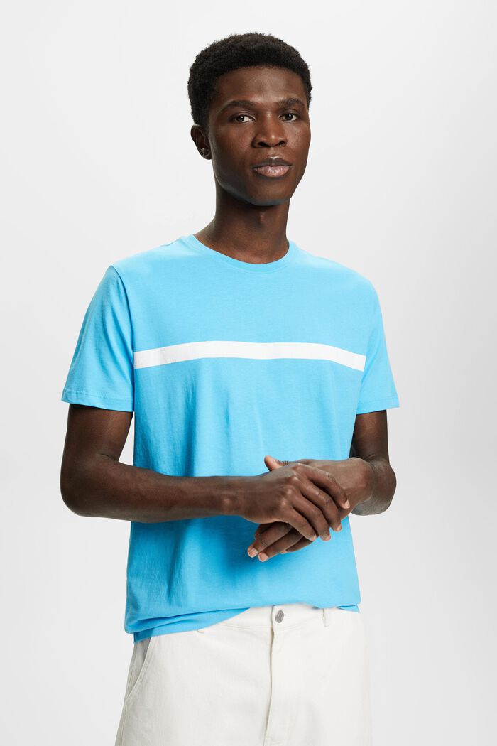 Cotton t-shirt with contrasting stripe, TURQUOISE, detail image number 0
